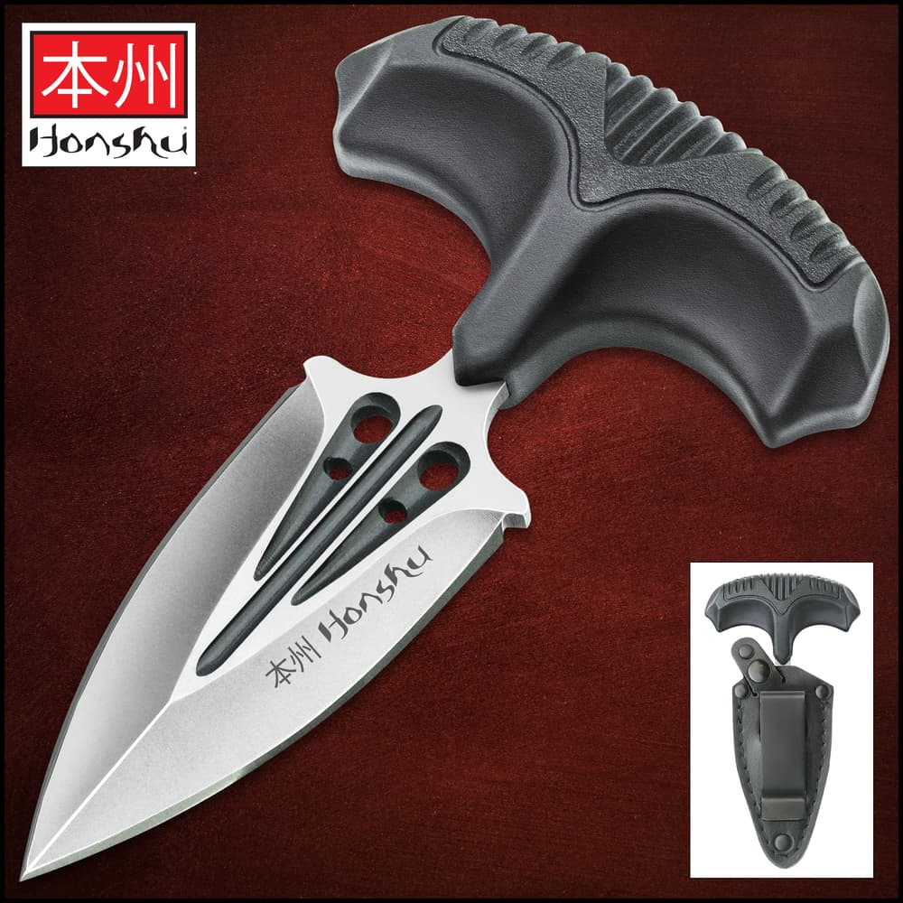 Honshu Small Covert Defense Push Dagger And Sheath - 7Cr13 Stainless Steel Blade, Molded TPR Handle - Length 4 3/4” image number 0