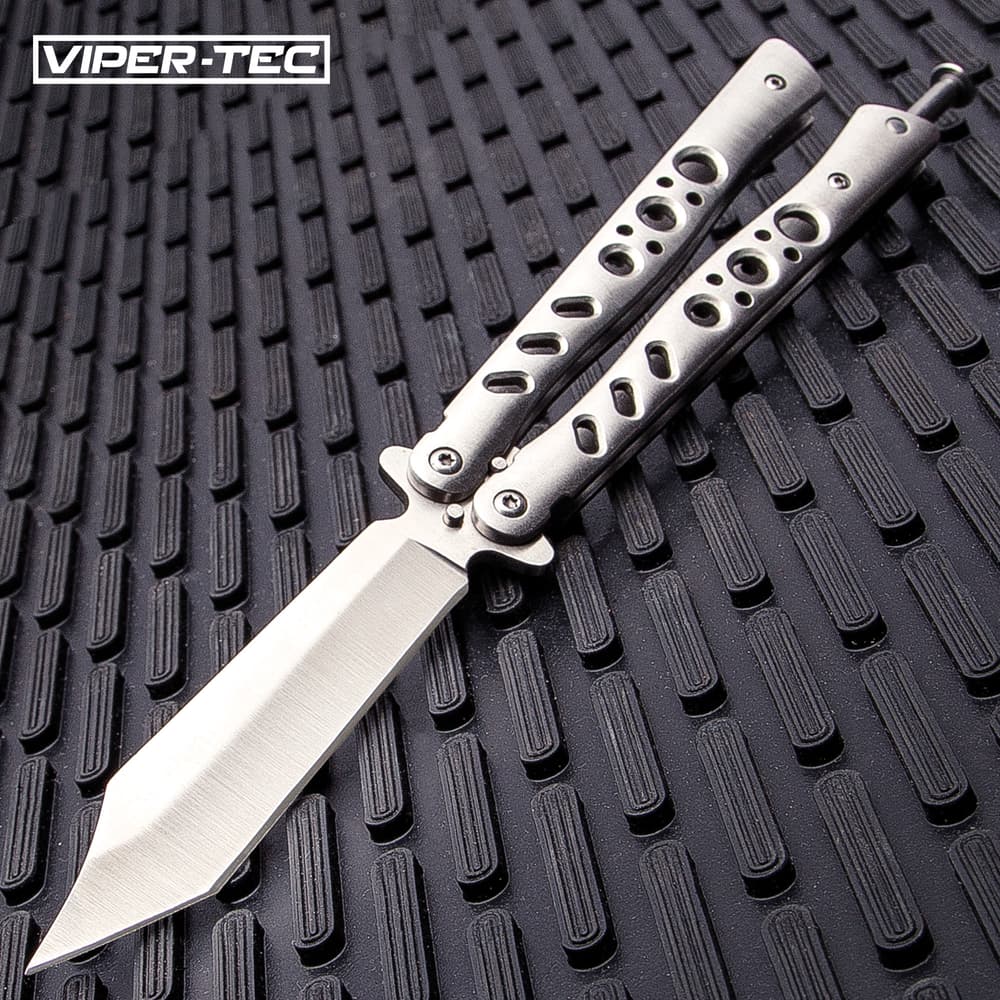 Viper-Tec Scorpion Tip Balisong Knife has a scorpion tip tanto blade and polished stainless steel skeletonized handles. image number 0