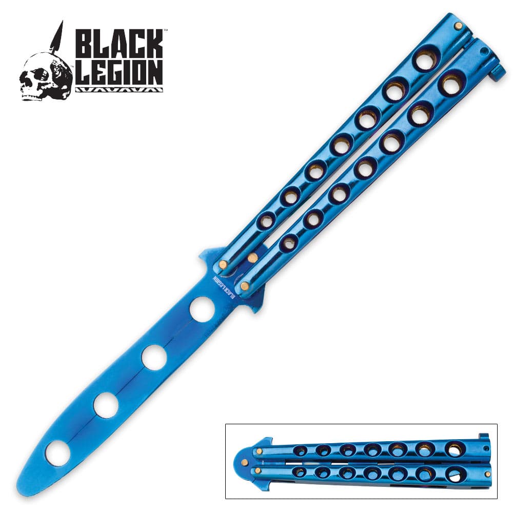 Black Legion Balisong Butterfly Trainer Knife is made of stainless steel with blue titanium finish with false edged blade. image number 0