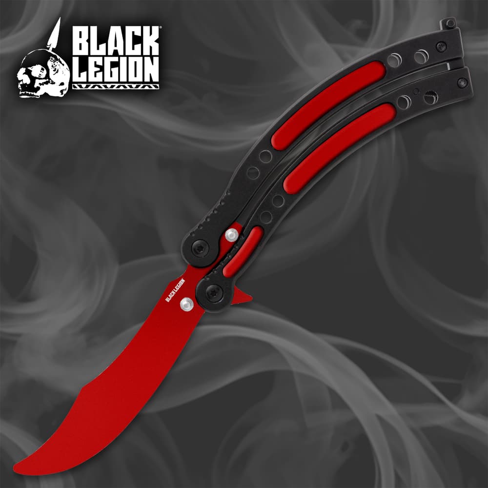 Red and black butterfly knife with smoke background image number 0