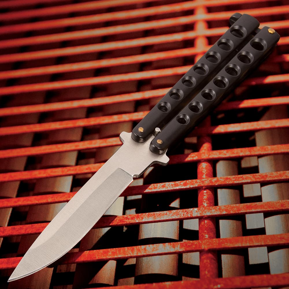 The Black Beast Butterfly Knife has a stainless steel blade and black matte finished skeletonized handle. image number 0