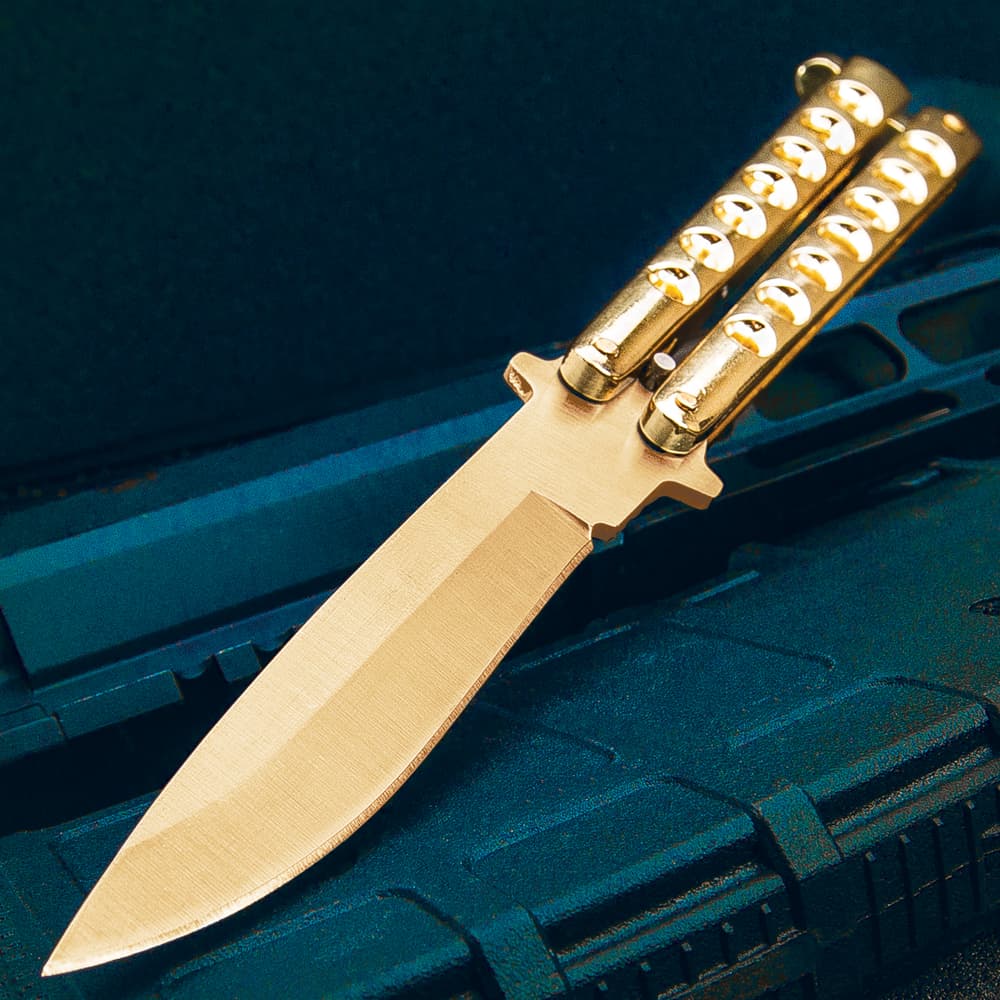 Gold Gyro Butterfly Knife - Stainless Steel Blade, Skeletonized Handle, Latch Lock, Steel Handle, Double Flippers - Length 9” image number 0