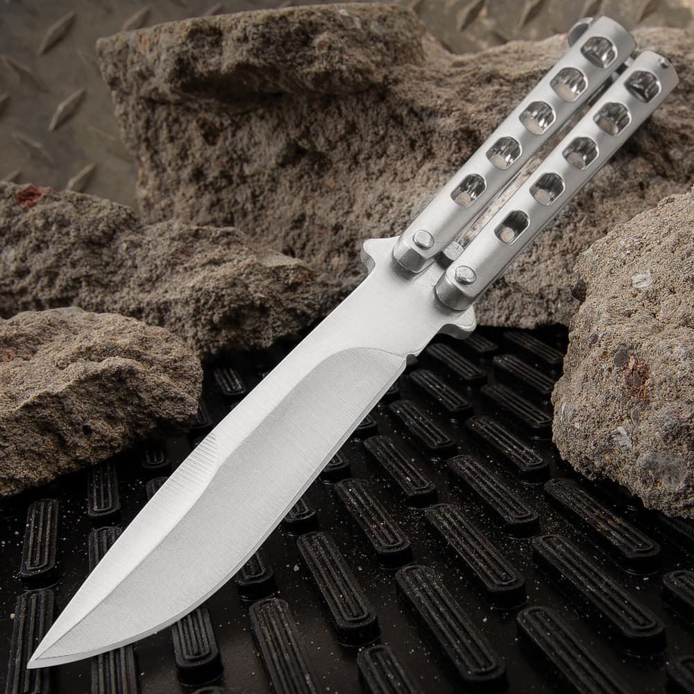 Champagne Slotted Butterfly Knife - Stainless Steel Blade, Skeletonized Steel, Latch Lock, Steel Handle - Length 9” image number 0