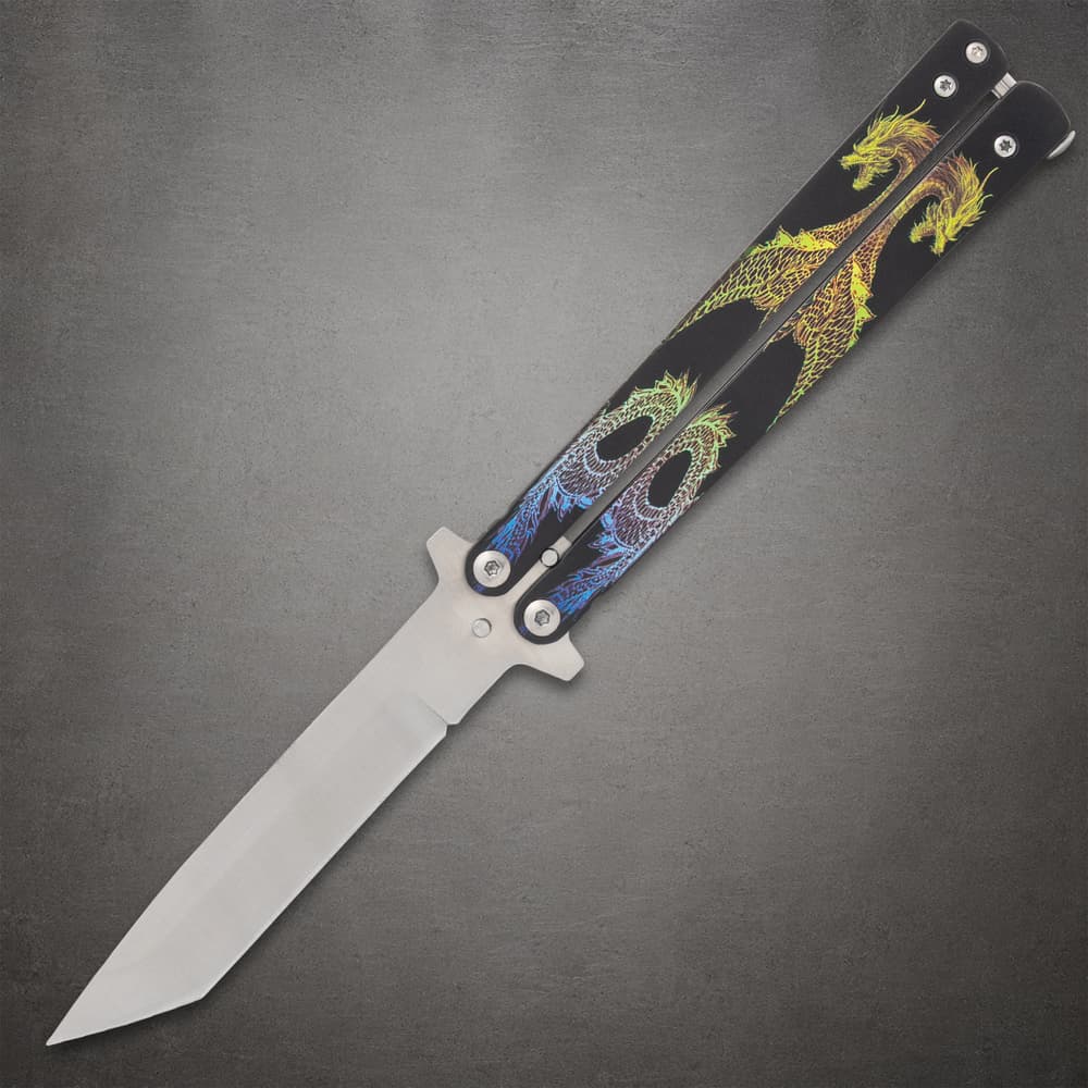 Butterfly knife with colorful dragon design on handle image number 0