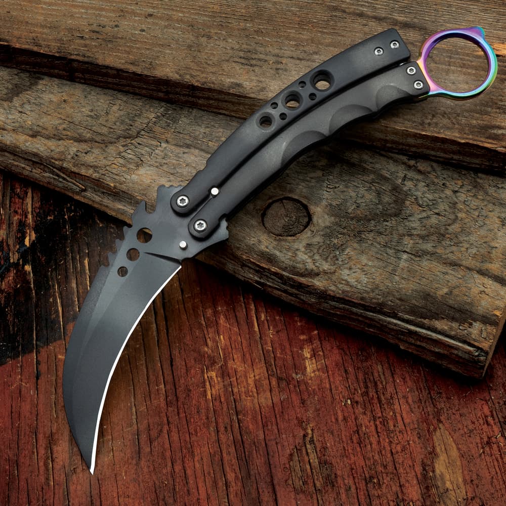 The Black Hawk Karambit Butterfly Knife deployed image number 0