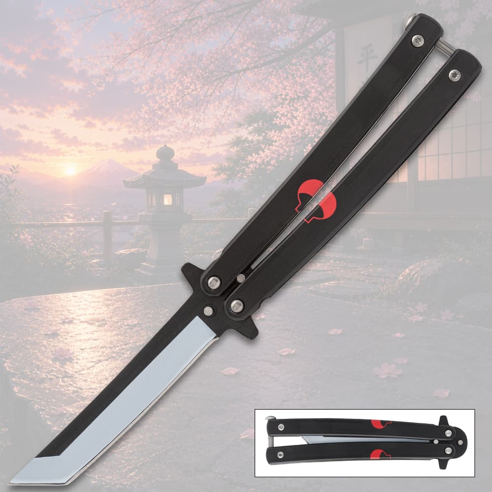 Black butterfly knife with red design, cherry blossom background image number 0