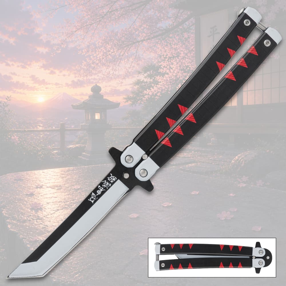 Butterfly knife with black handle and red accents, cherry blossom background image number 0