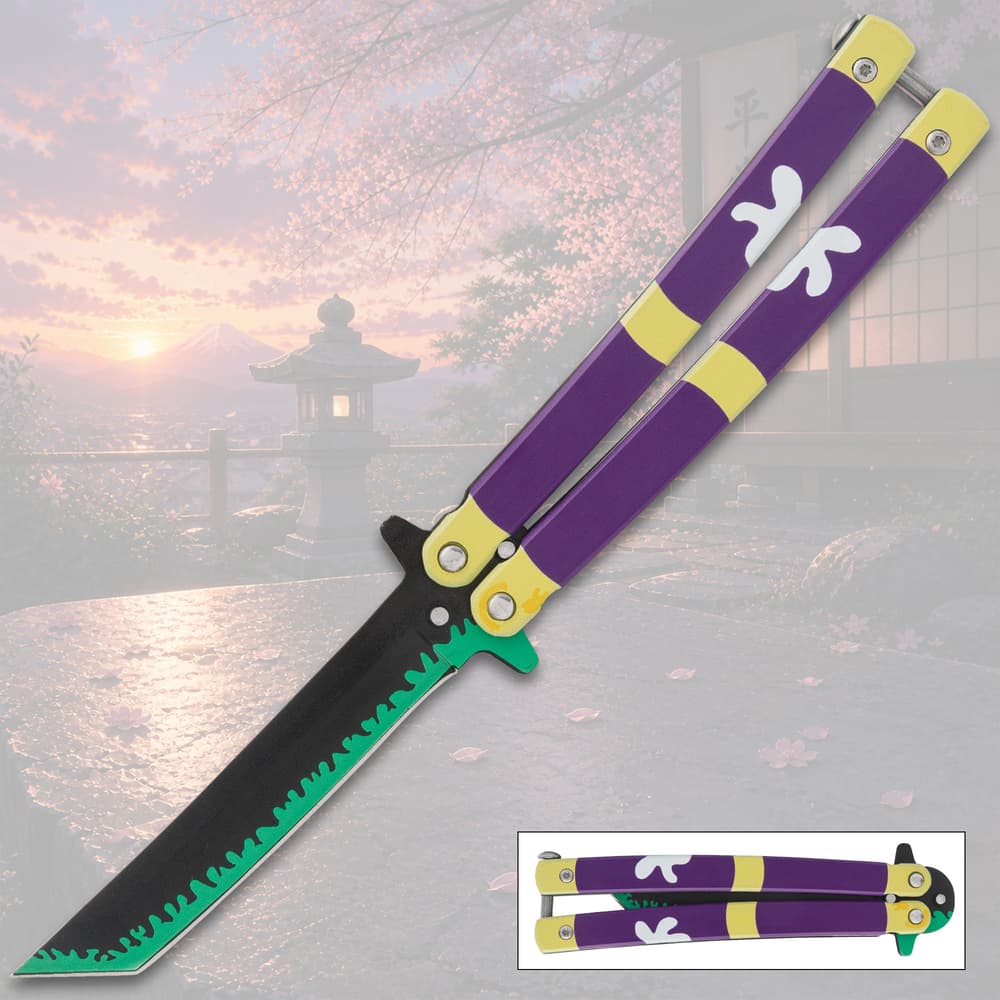 Colorful butterfly knife with scenic background image number 0