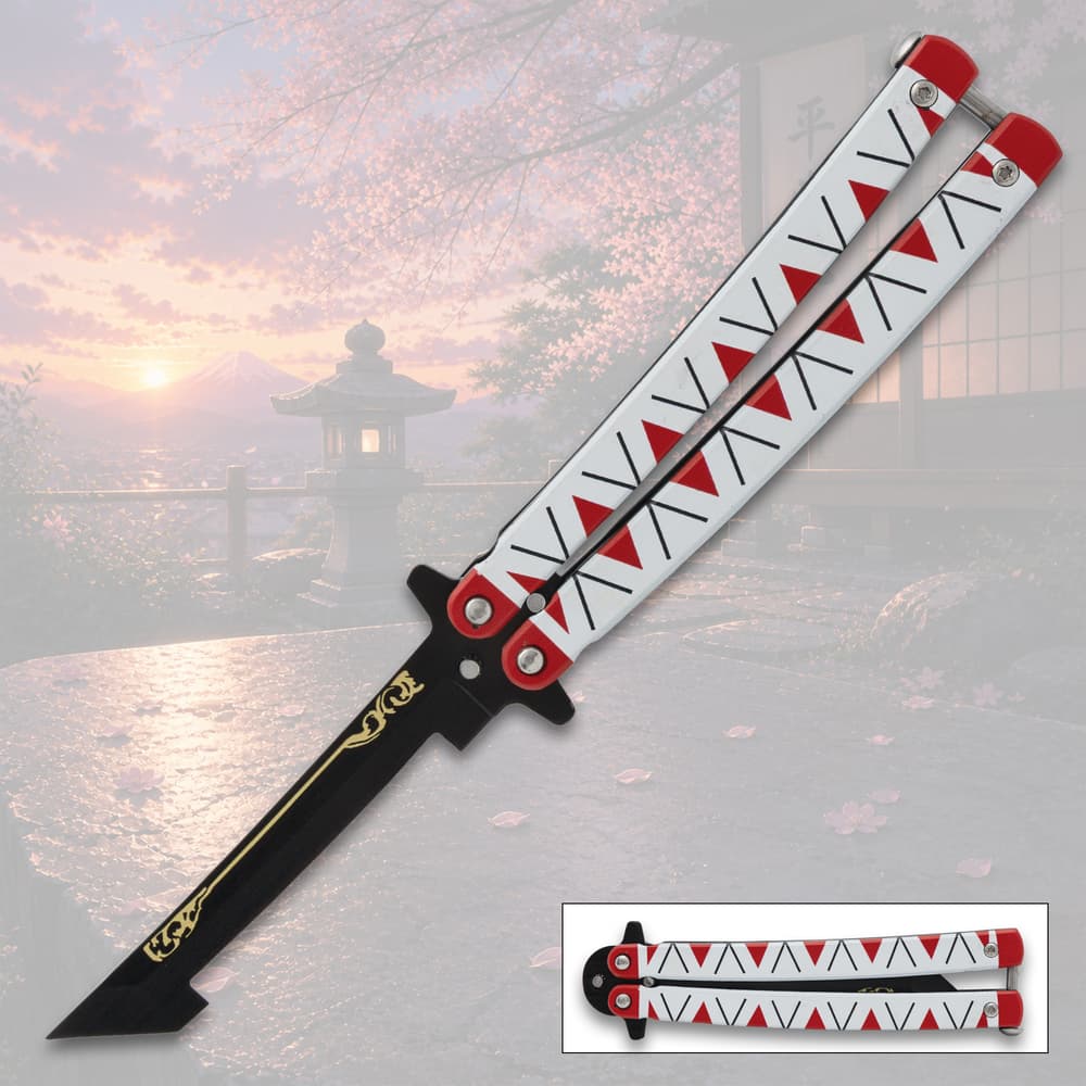 Butterfly knife with red and white handle, scenic background image number 0