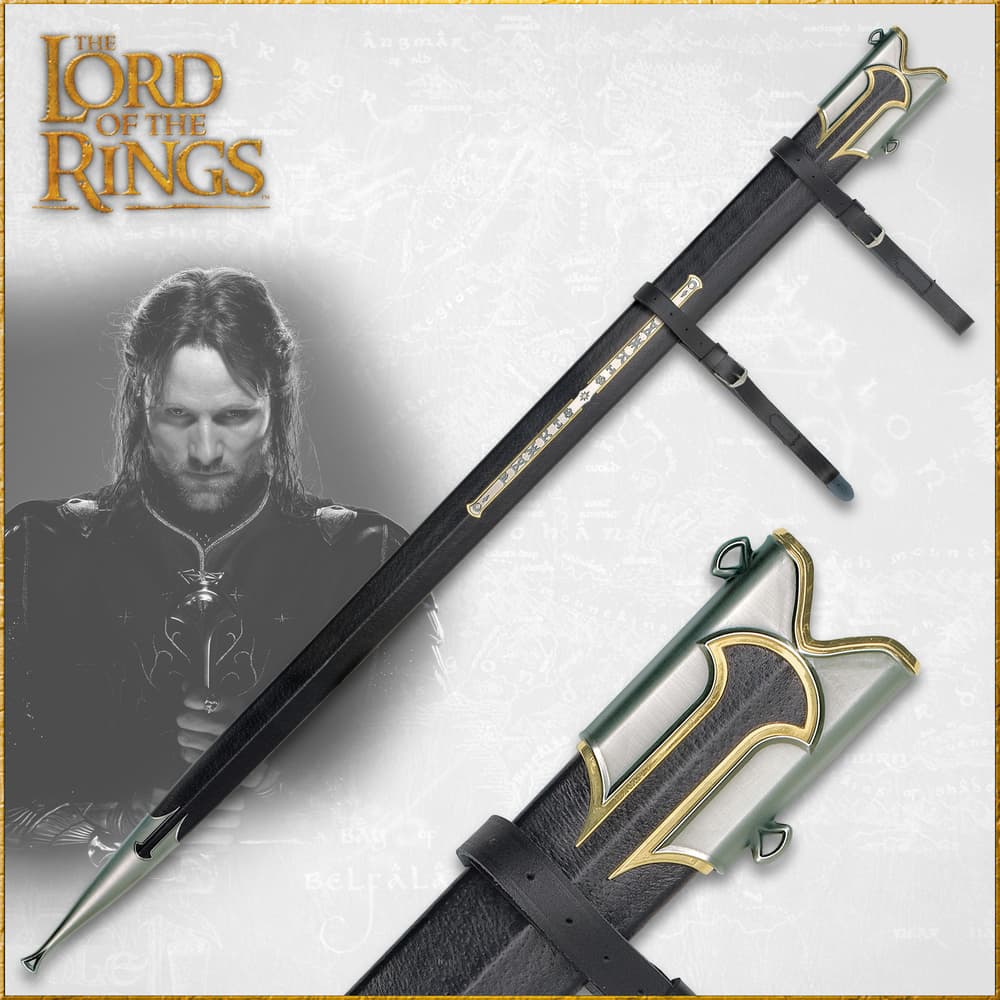 Lord of the Rings black leather scabbard for sword with straps, a metal tip and collar showing gold plated accents image number 0