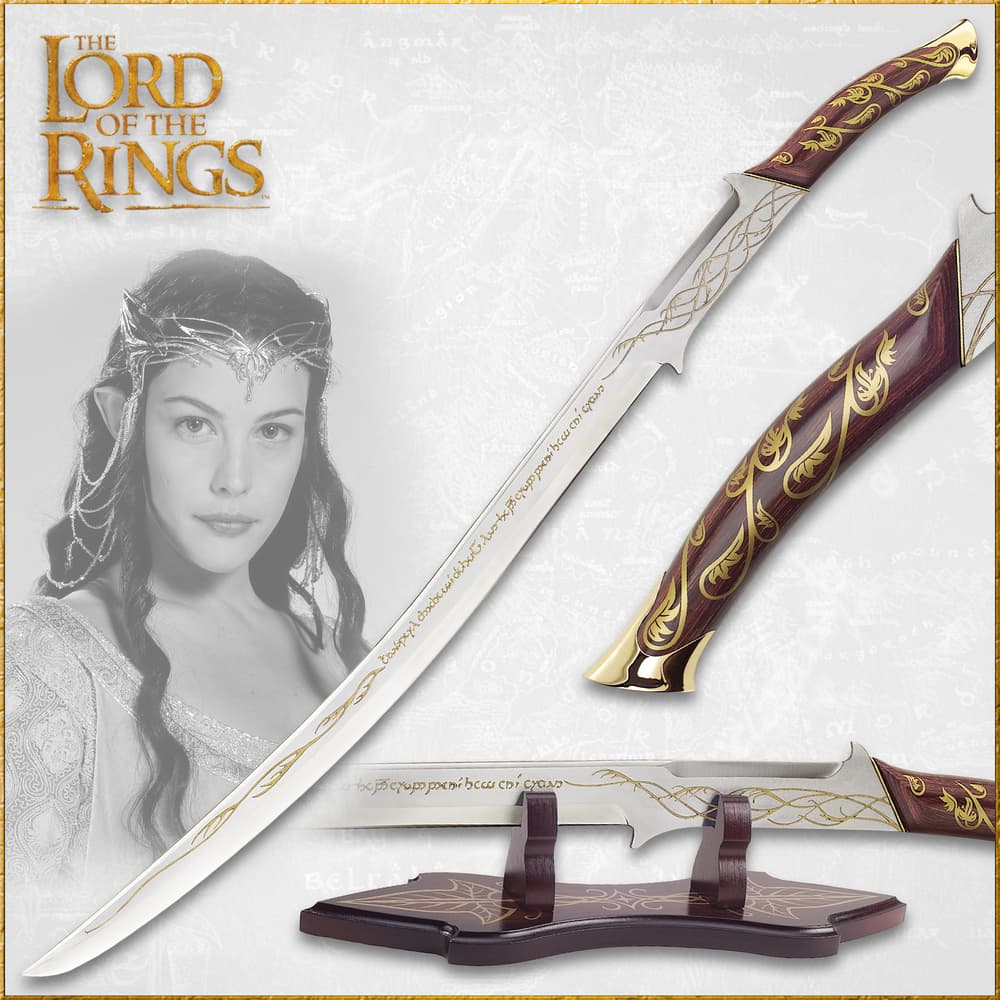 Lord of the Rings stainless curved sword of Arwen Evenstar etched with gold vines on wood grip next to LOTR graphic hadhafang image number 0