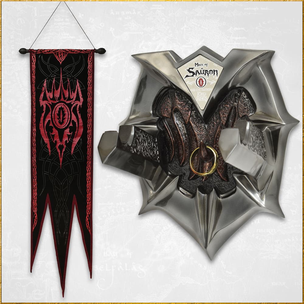 Full image of the banner and wall plaque included in the LOTR Sauron Collection.