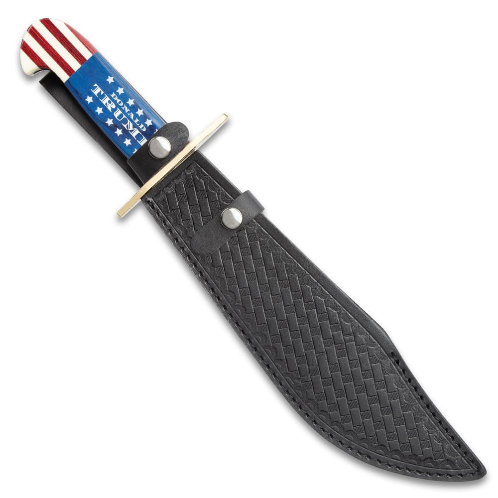 Timber Wolf Limited Edition Trump Bowie Knife And Sheath - Stainless Steel Blade, Wooden Handle Scales, Brass Guard - Length 16” image number 1