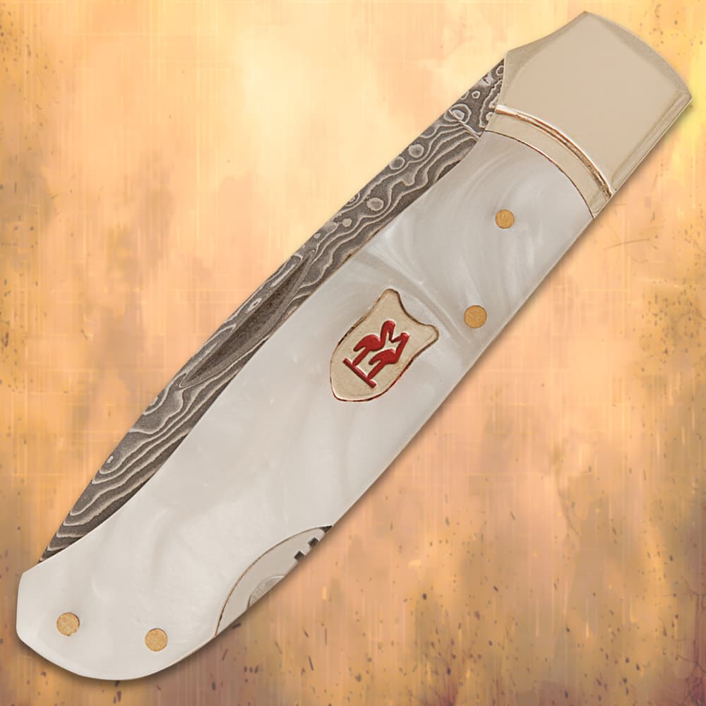 Kissing Crane Limited Lockback Imitation Pearl Damascus - BUDK.com