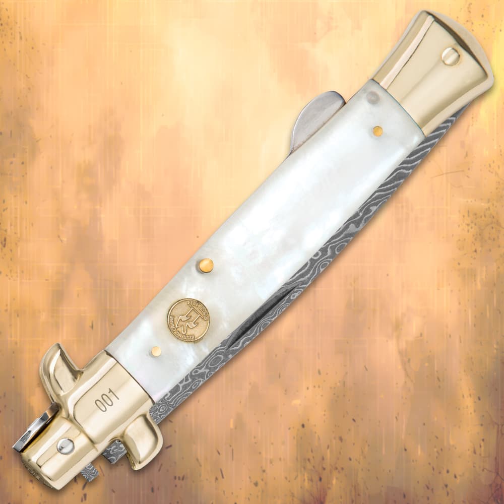 Kissing Crane Genuine Pearl Damascus Stiletto Knife - BUDK.com