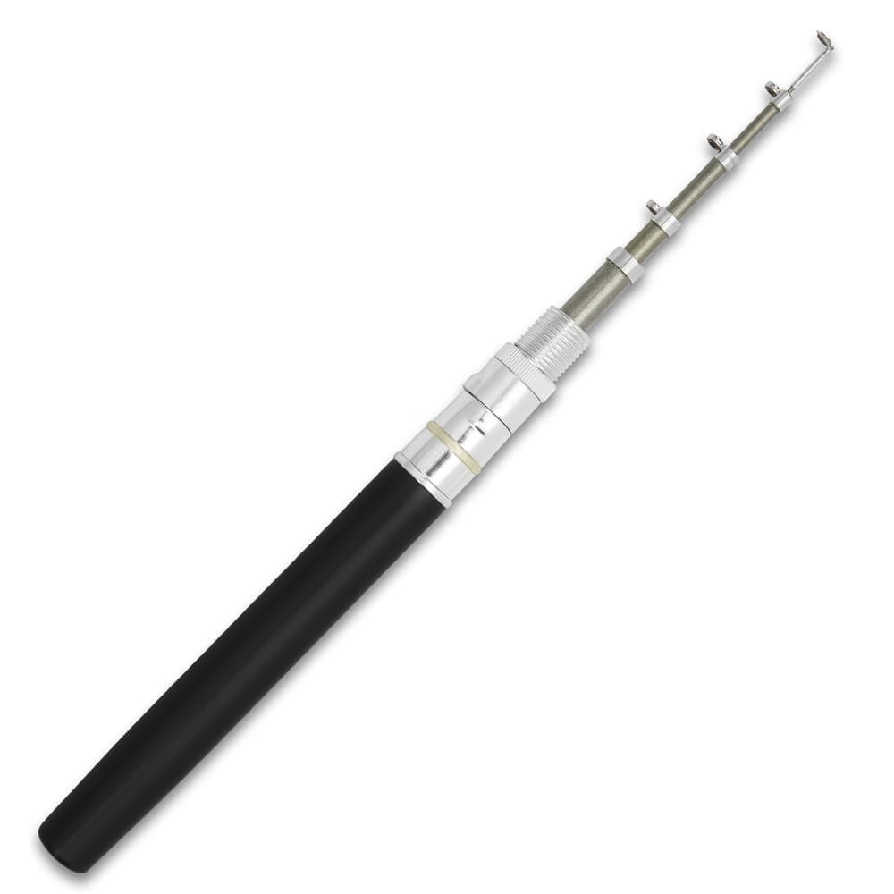 Black Fishing Pen Compact Rod And Reel, Aluminum Alloy And Fiberglass Construction, Realistic Pen Case, Rod Expands To 38 Black Fishing Pen Compact Rod And Reel, Aluminum Alloy And Fiberglass Construction, Realistic Pen Case, Rod Expands To 38