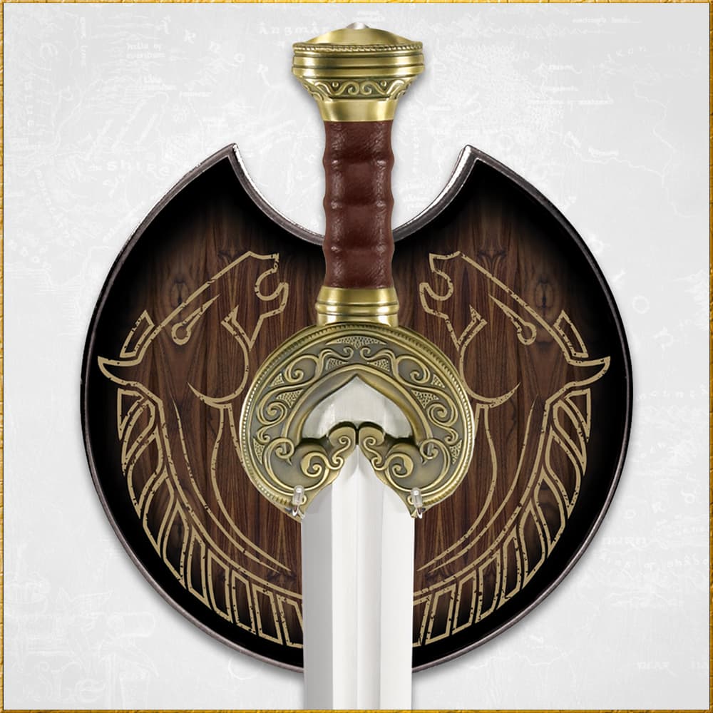 King Theoden of Rohan LOTR sword with stainless steel blade displayed on top of wooden plaque with detailed horse engravings