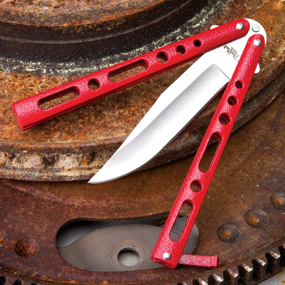 Red Satin Skeleton Butterfly Knife – Stainless Steel Blade, Die