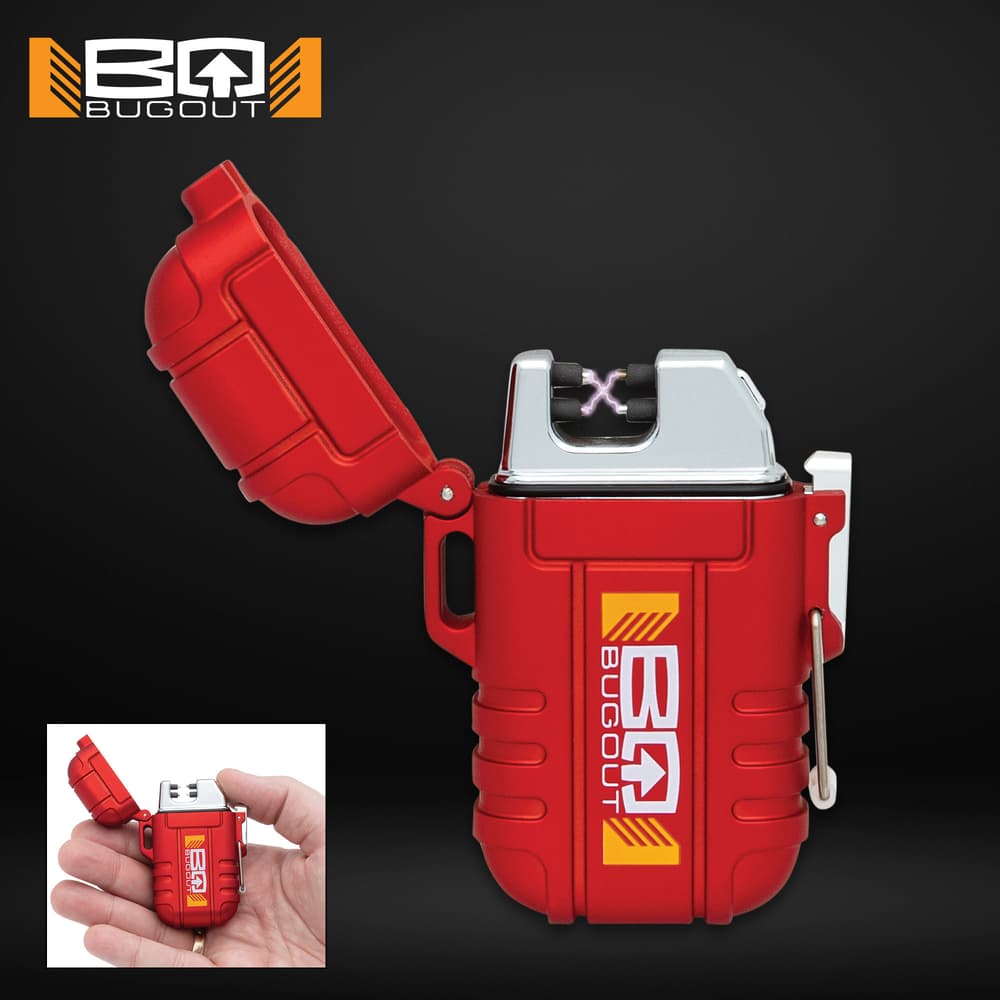 Red Bugout lighter with open lid and electric arc image number 0