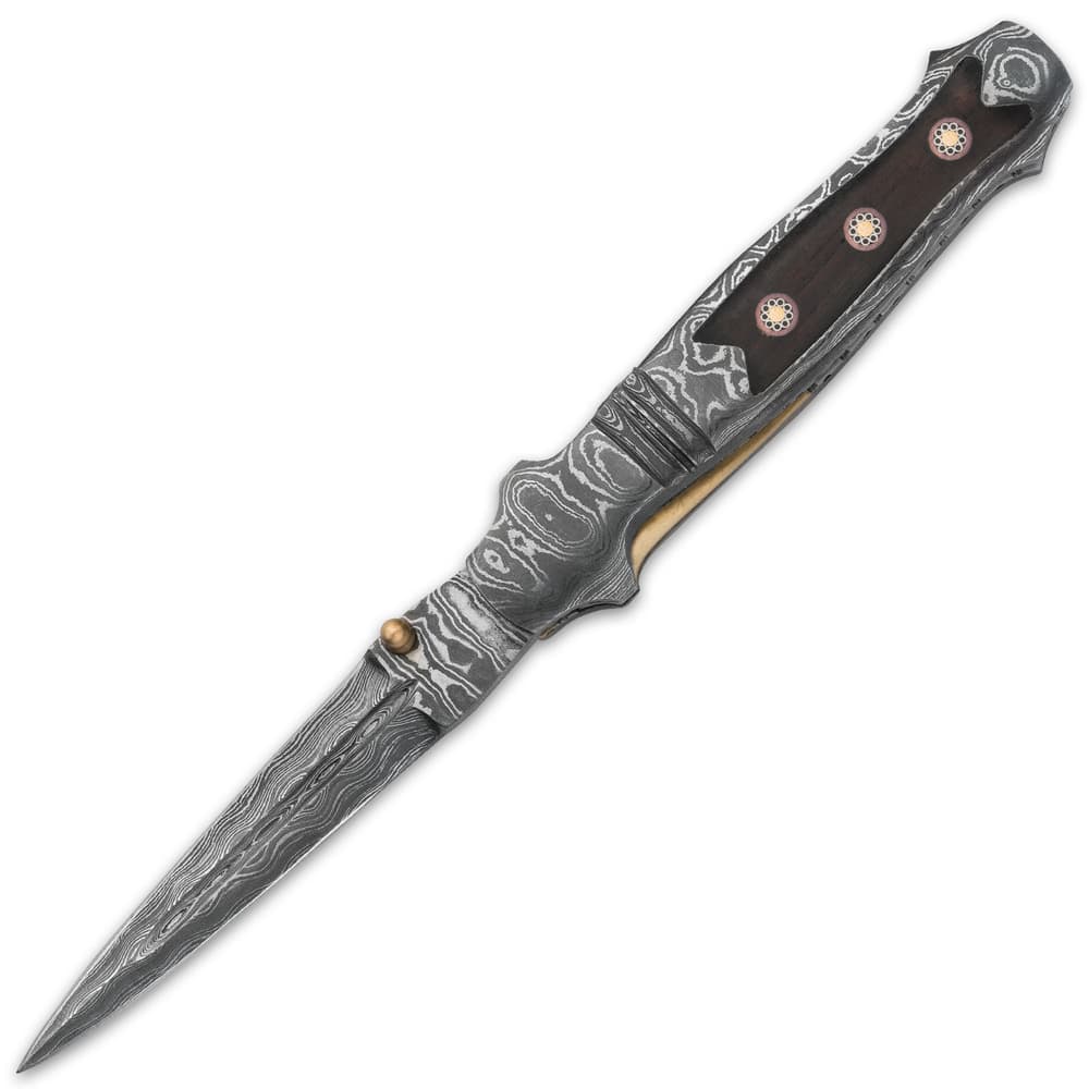 Timber Wolf Mosaic Damascus Stiletto Pocket Knife - BUDK.com