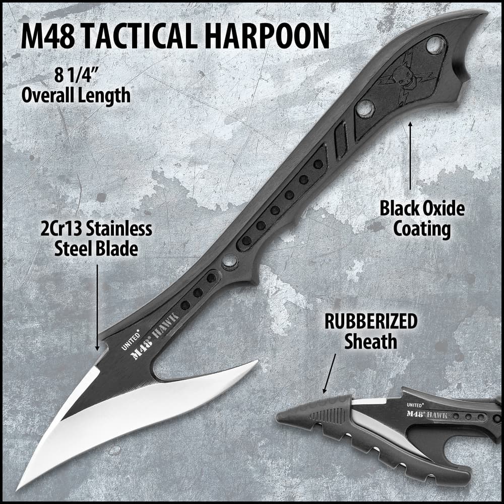 Detailed view of the M48 logo on the harpoon’s black oxide coasted stainless steel handle. image number 2