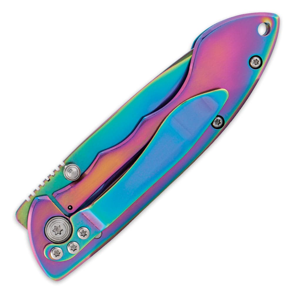Spring-Assist Folding Knife | Rainbow Wolf Embossed Titanium