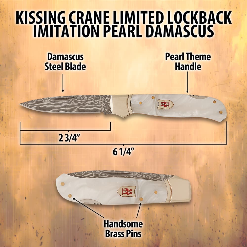 Kissing Crane Limited Lockback Imitation Pearl Damascus - BUDK.com