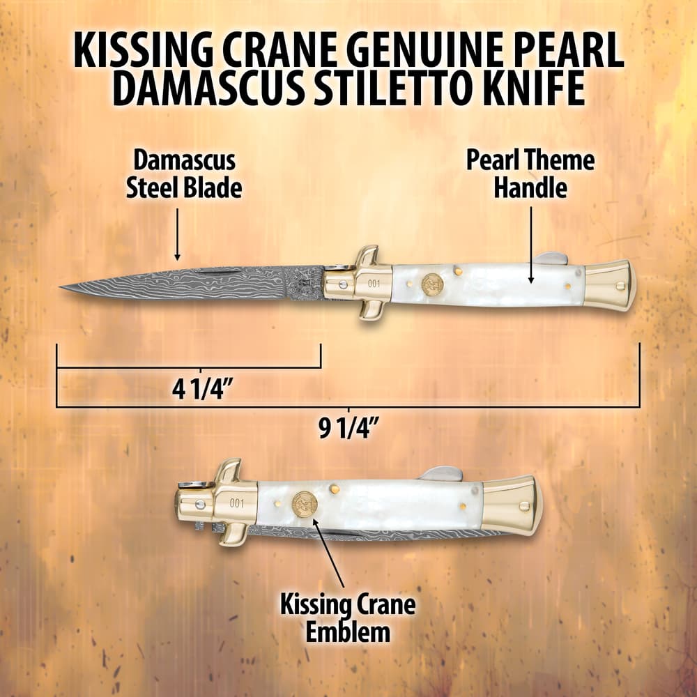 Kissing Crane Genuine Pearl Damascus Stiletto Knife - BUDK.com