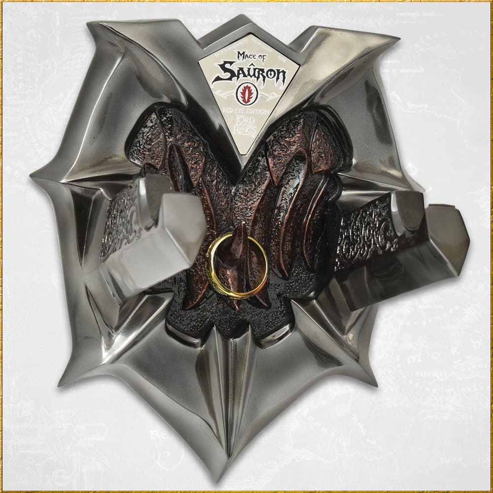 A graphic illustrating the massive mace replica wielded by the Dark Lord Sauron in The Lord of the Rings