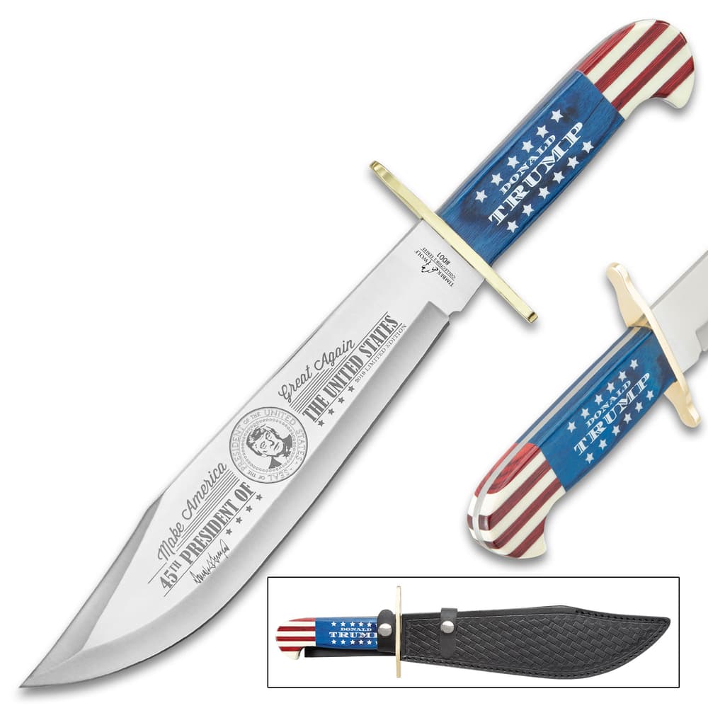Timber Wolf Limited Edition Trump Bowie Knife And Sheath - Stainless Steel Blade, Wooden Handle Scales, Brass Guard - Length 16” image number 3