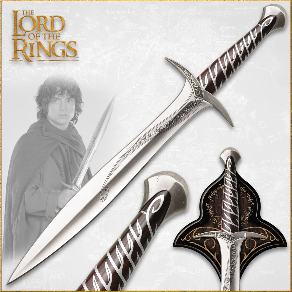 Lord of the Rings sting sword of Frodo engraved with runes on the blade and handguard showcased with matching wooden plaque image number 0