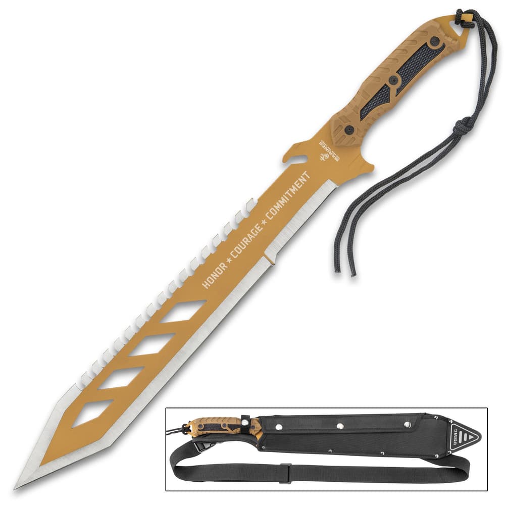 USMC Desert OPS Sawback Machete with Sheath - BUDK.com