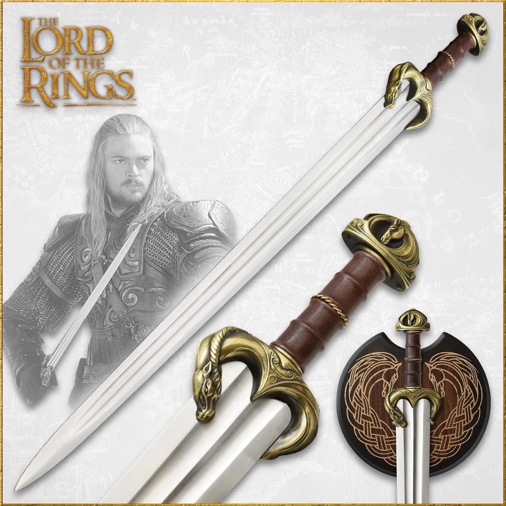 The Guthwine Sword of Eomer shown and in the actor's hand image number 0