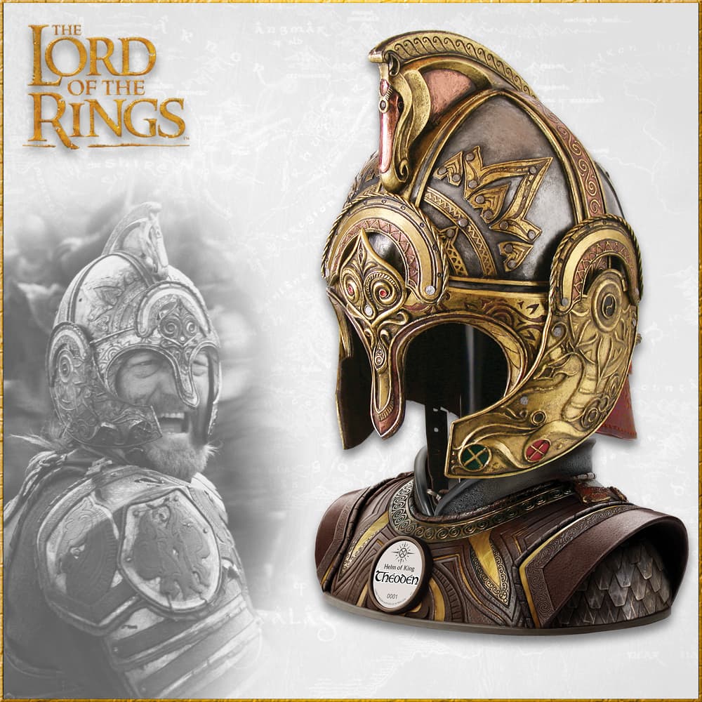 The front view of the Helm of King Theoden on display stand image number 0