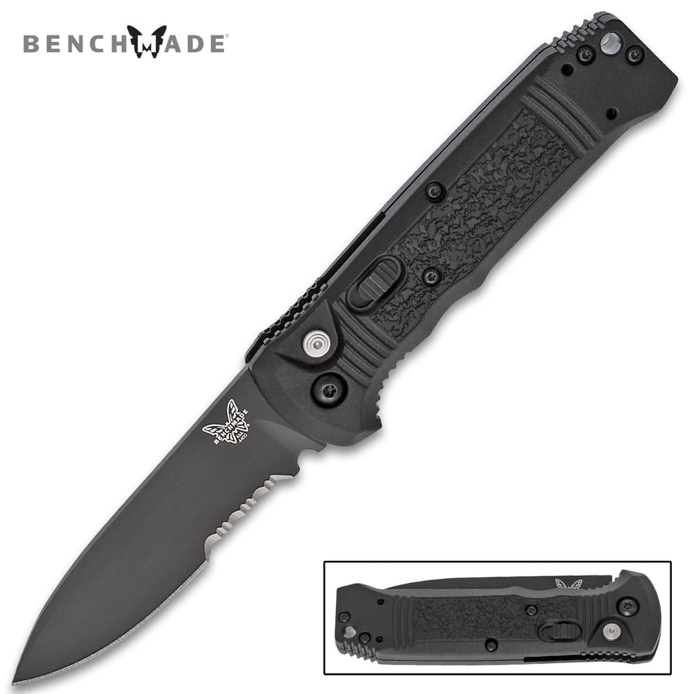Black folding knife with textured handle and serrated blade image number 0