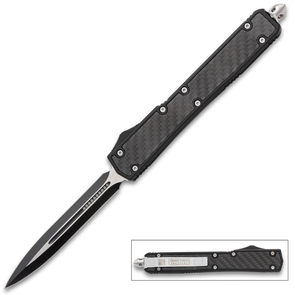 Black tactical knife with carbon fiber handle image number 0