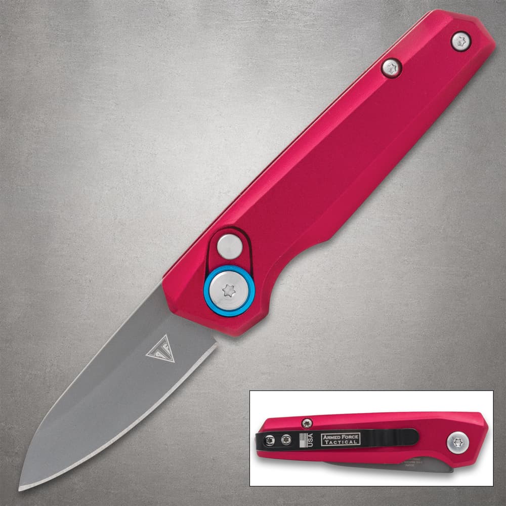 Red folding knife with stainless steel blade image number 0