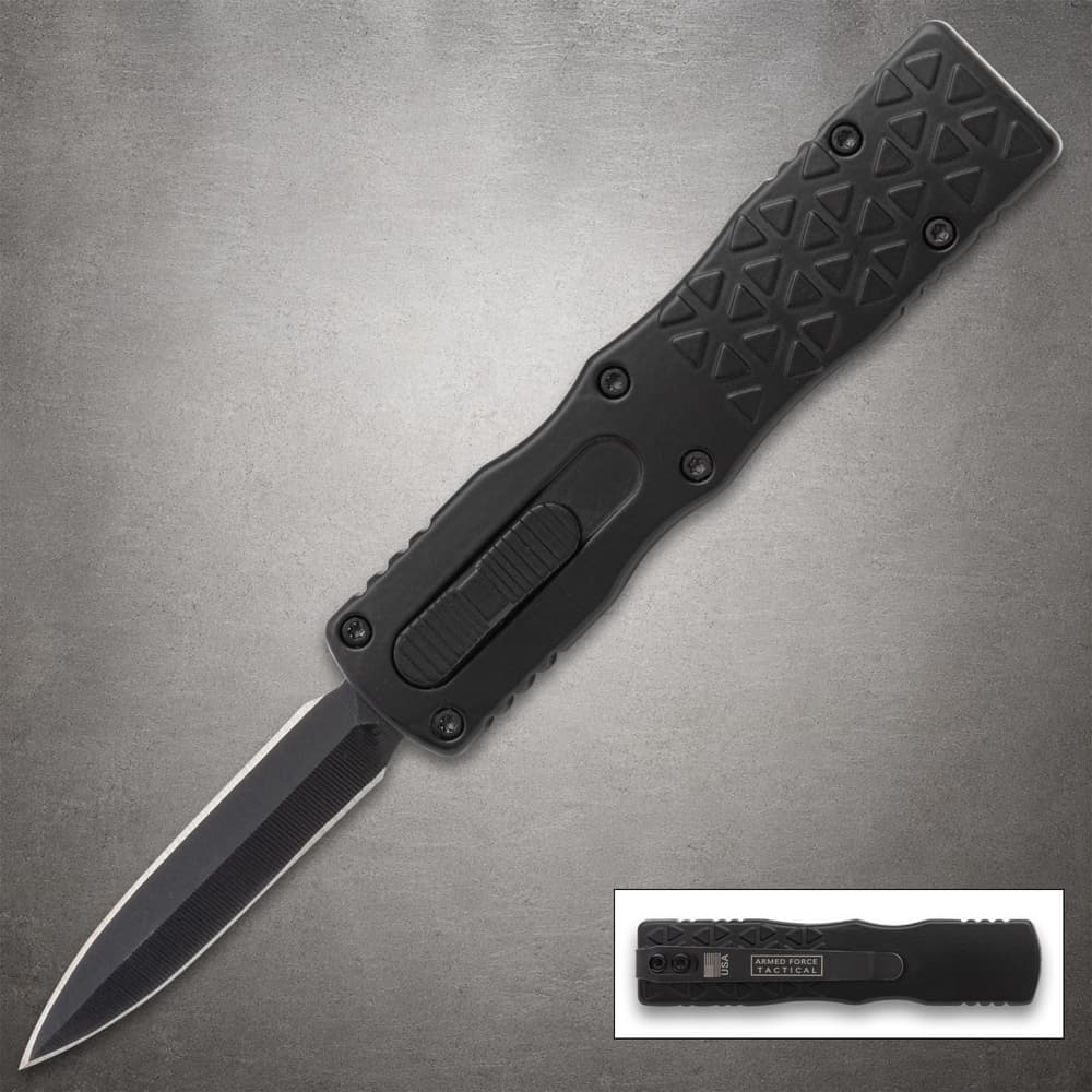 Black tactical knife with textured handle and blade extended image number 0