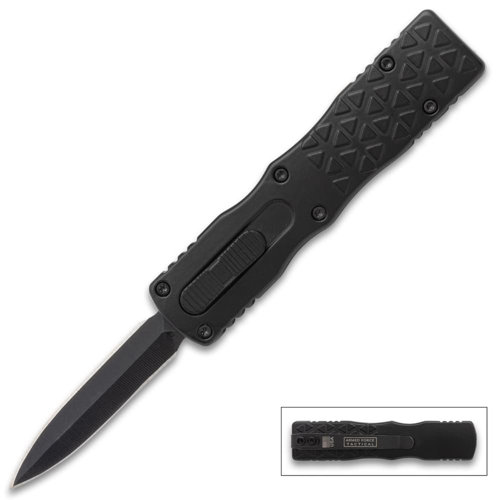 Full image of the ShadowMaster Mini OTF Automatic Knife open and closed. image number 0