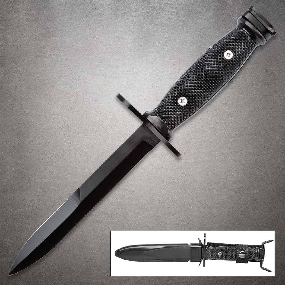 Black tactical knife with textured grip and sheath image number 0