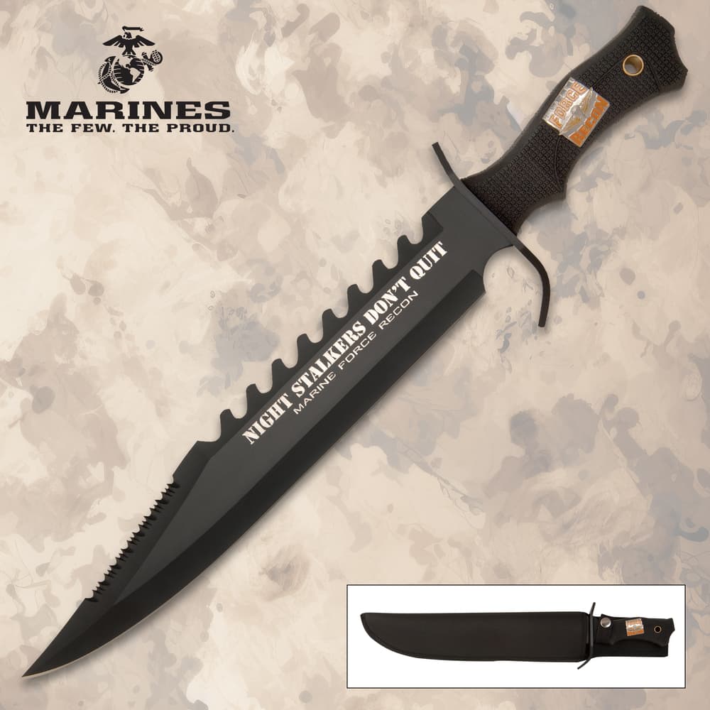 Black tactical knife with serrated edge and sheath image number 0