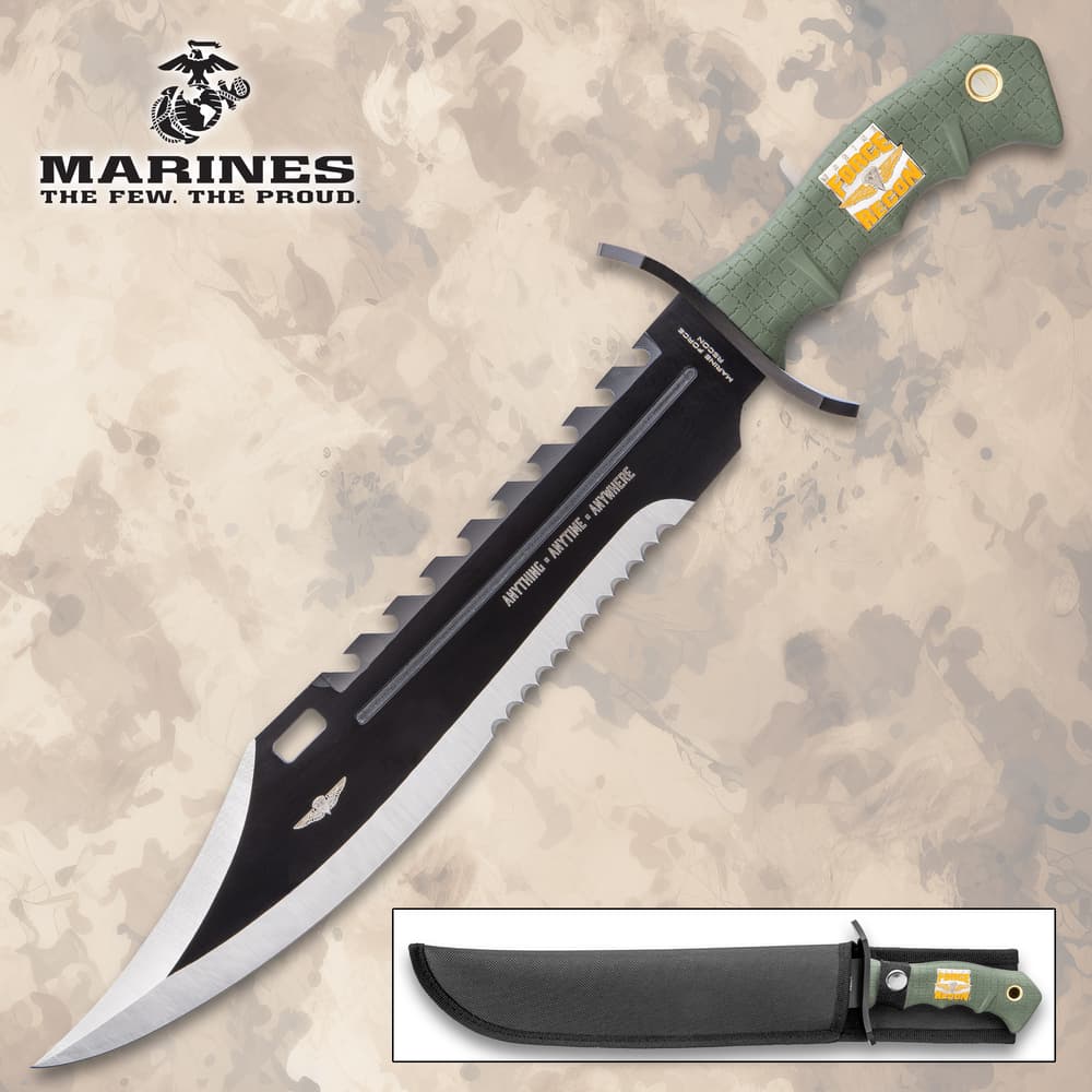 Bowie knife with green handle and sheath on textured background image number 0