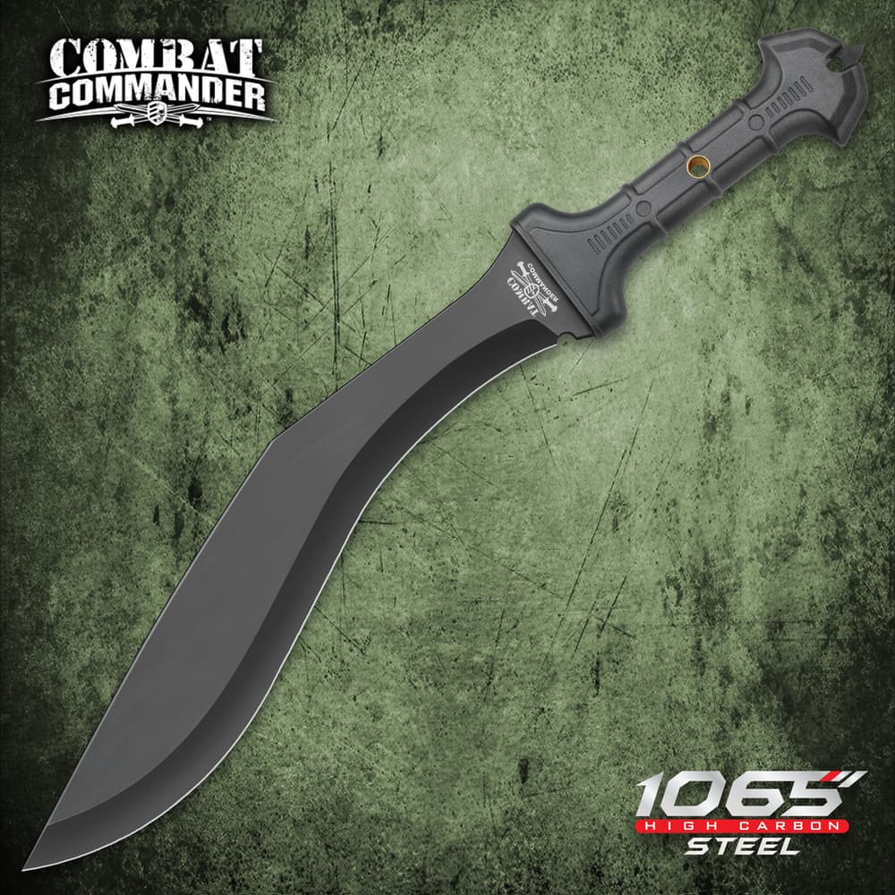 Black tactical sword with a curved blade on a green textured background image number 0