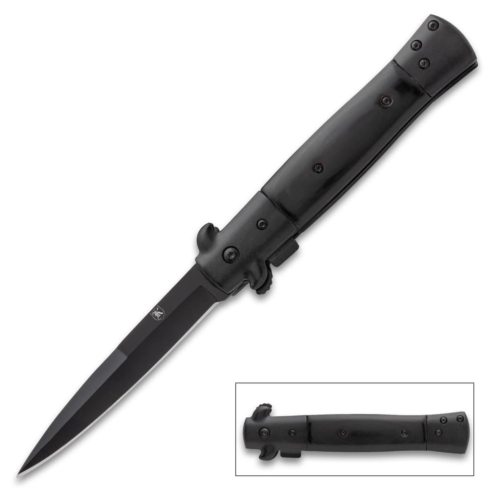 Black stiletto knife with a sleek design and sharp blade image number 0