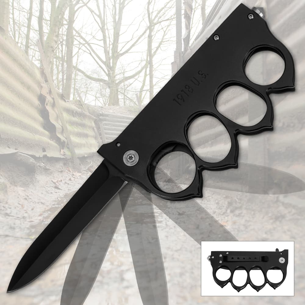 Black trench knife with knuckle guard and blade image number 0