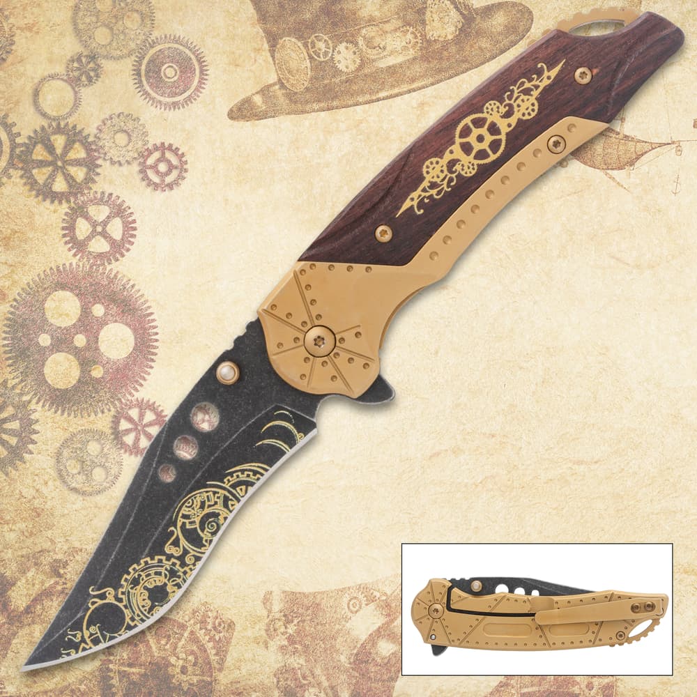 Steampunk knife with gears and brass details on vintage background image number 0