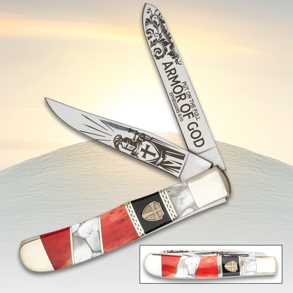 Decorative knife with 'Armor of God' engraving and colorful handle image number 0