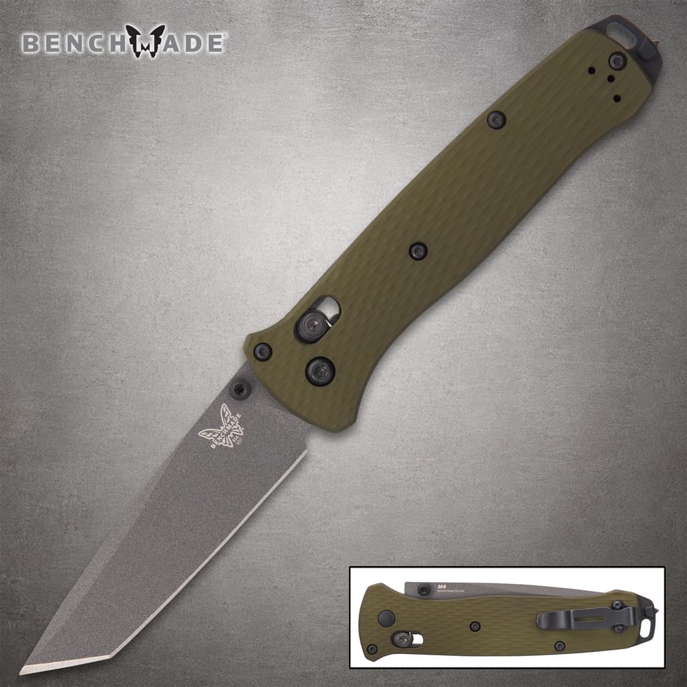 Benchmade knife with green handle and gray blade on textured background image number 0