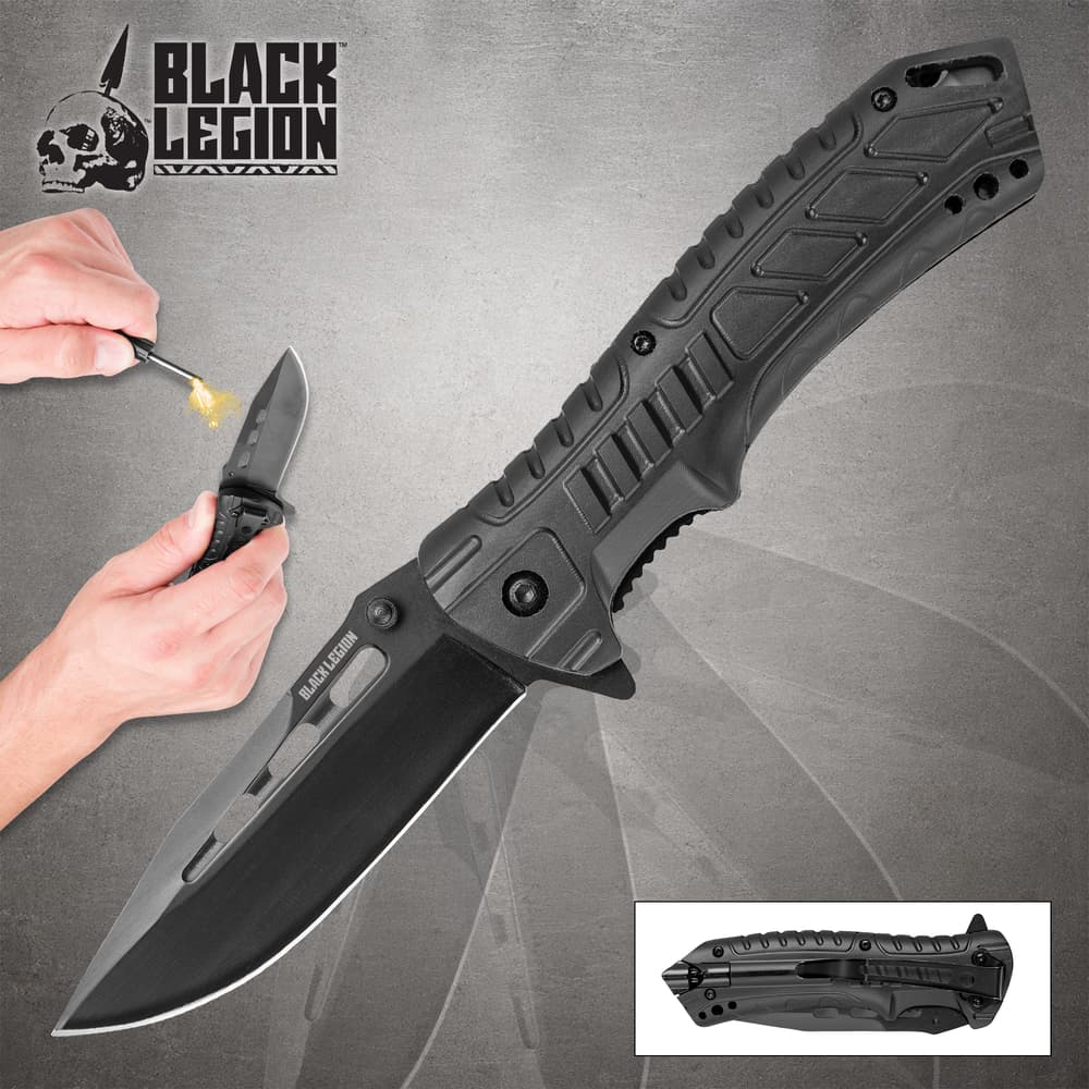 Open Black Legion pocket knife with a fire starter demonstration and inset showing the folded knife's pocket clip image number 0
