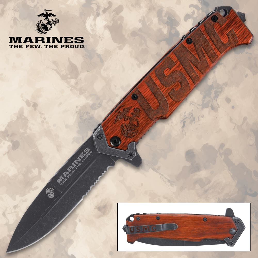 Folding knife with USMC engraved wooden handle image number 0